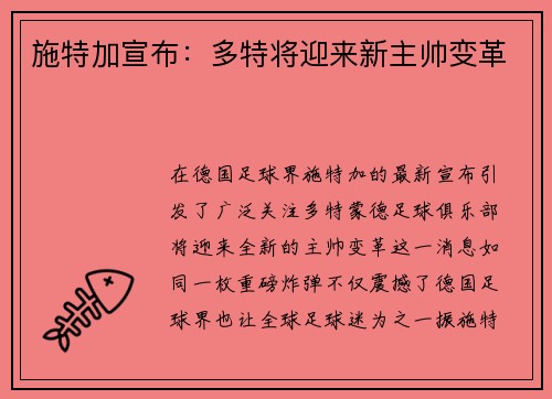 施特加宣布：多特将迎来新主帅变革