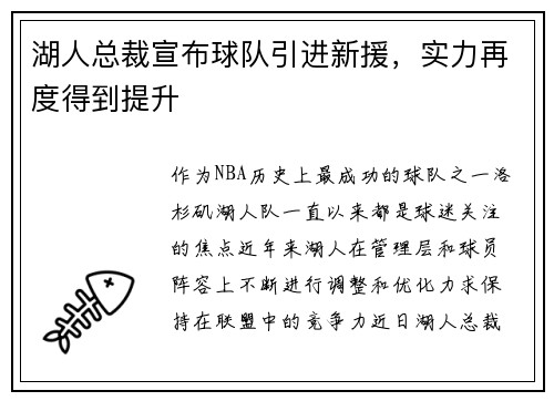 湖人总裁宣布球队引进新援，实力再度得到提升